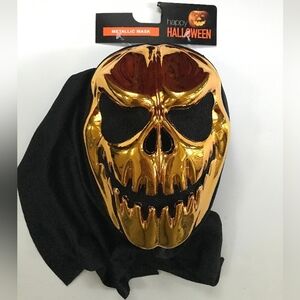 Halloween Gold Skull Mask Metallic Shiny Face Hooded Costume Scary Skeleton NWT